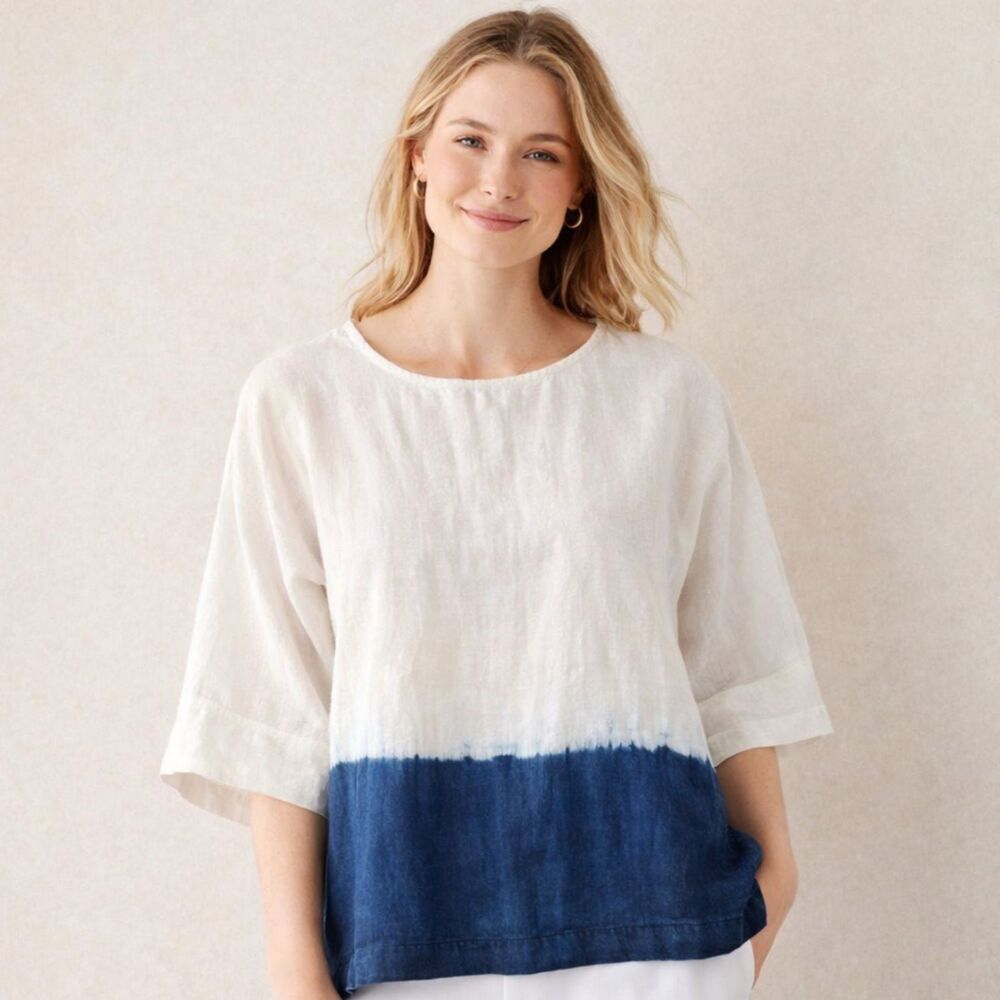 Pure Jill J Jill 100% Linen Popover Top Womens Sz S  White Indigo Dip Dye Boho